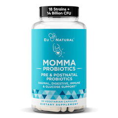 Eu Natural Momma probiotics bottle ready for prenatal gut support