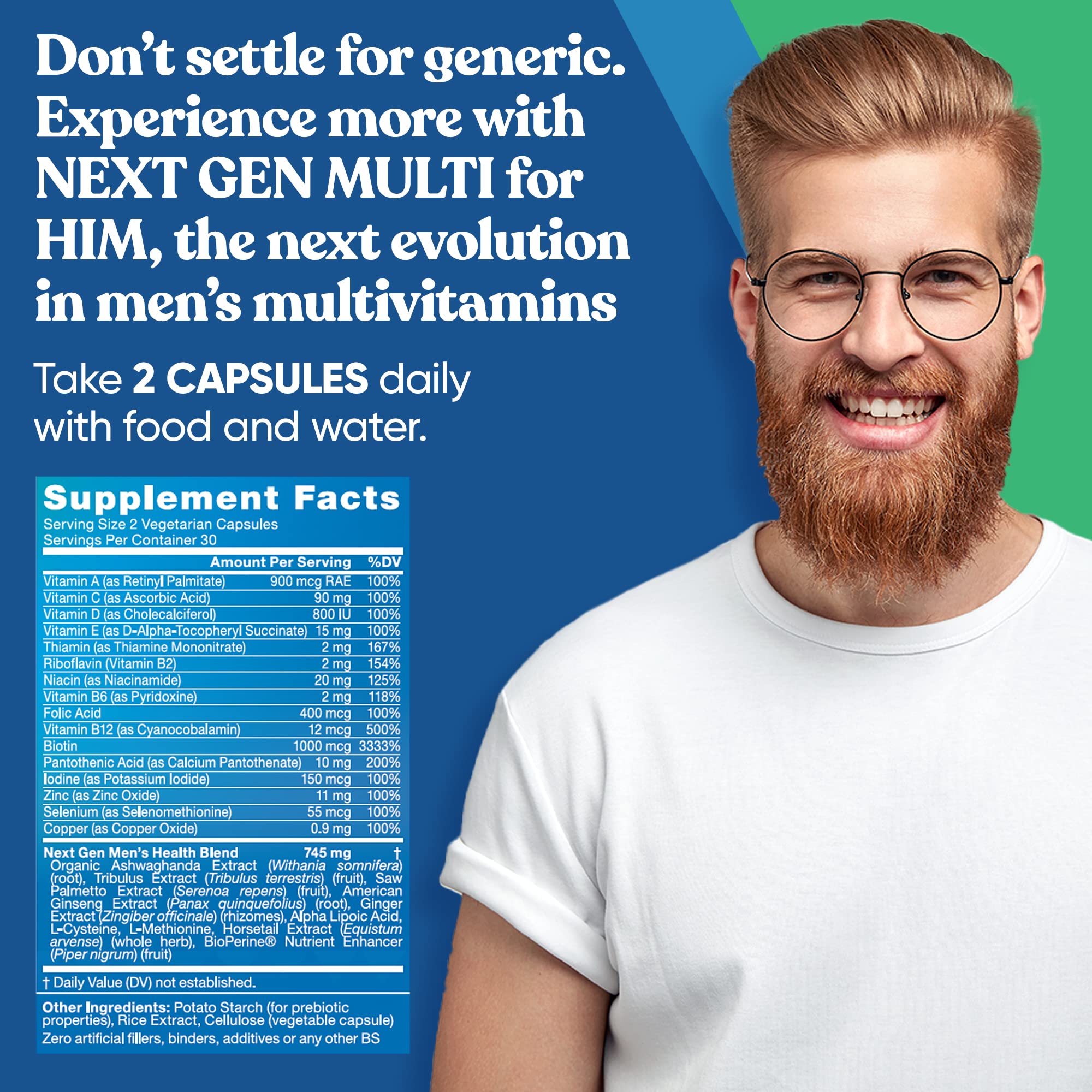 Eu Natural Next Gen Multi for Him bottle label details showing key ingredients.