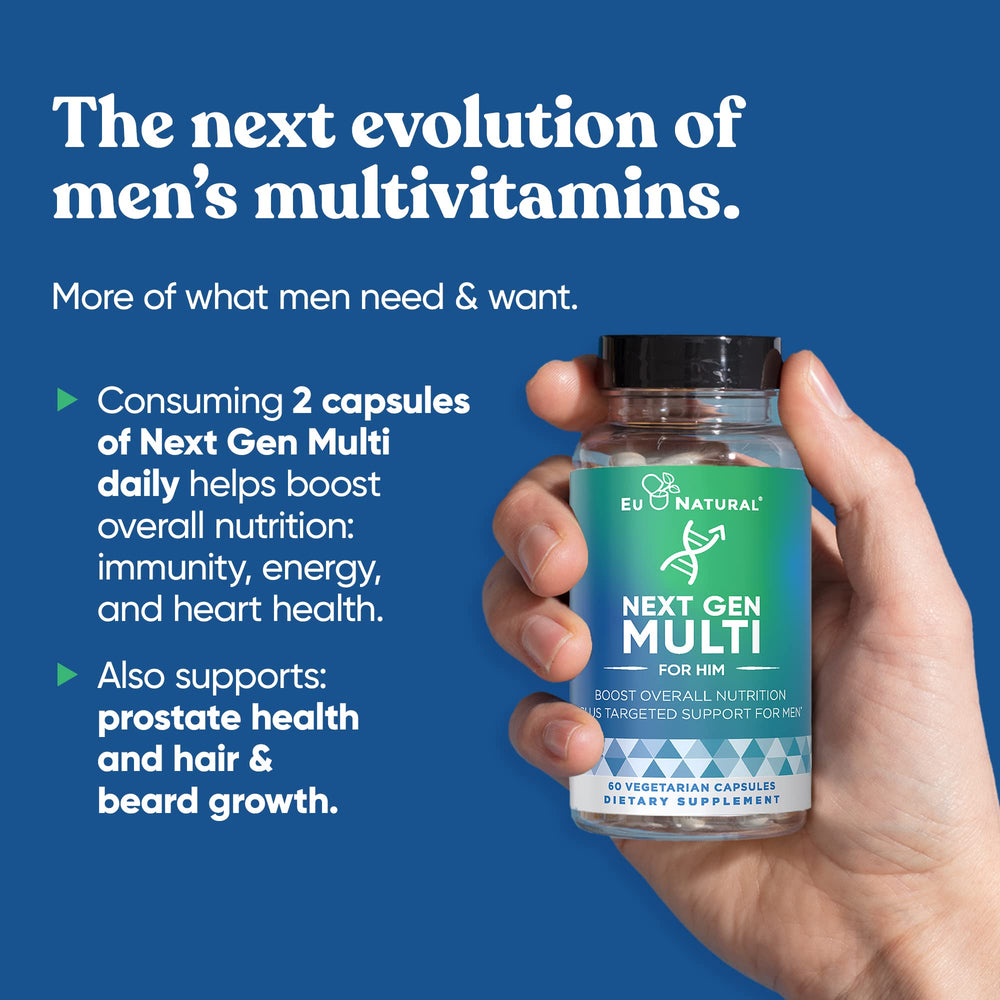 Eu Natural Next Gen Multi for Him capsules closeup, signaling daily energy and nutritional support.