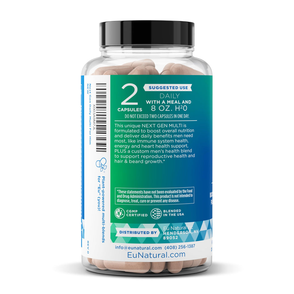 Eu Natural Next Gen Multi for Him emphasizes energy and immune support through a balanced multiblend.