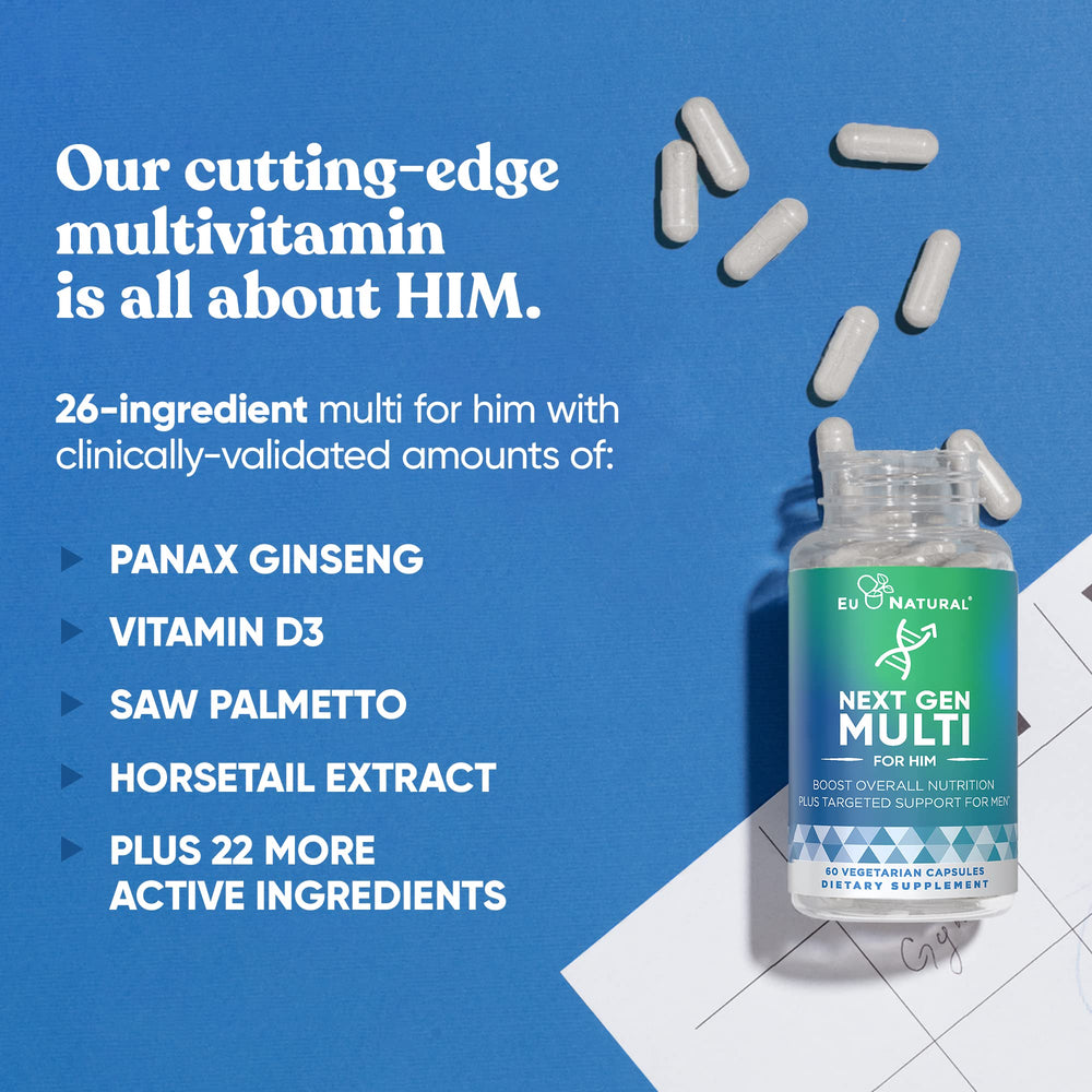 Eu Natural Next Gen Multi for Him packaging on display for daily routine use.