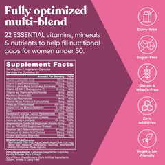 Eu Natural Next Gen Multivitamin for Women label closeup lists 22 nutrients for balanced support.