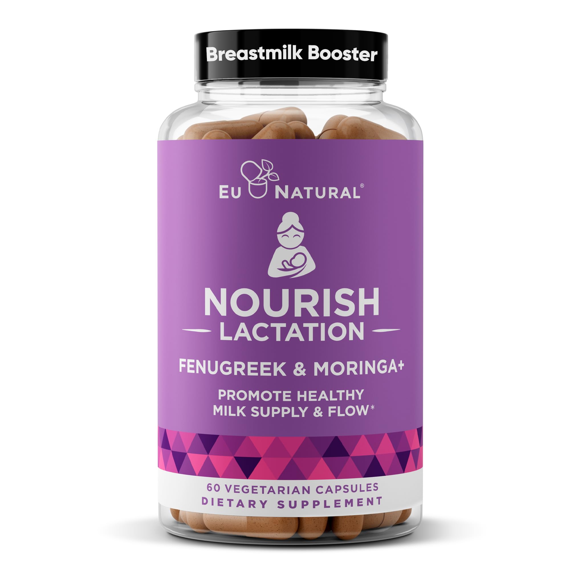 Eu Natural Nourish lactation softcaps bottle supports postpartum milk flow and calm moments.