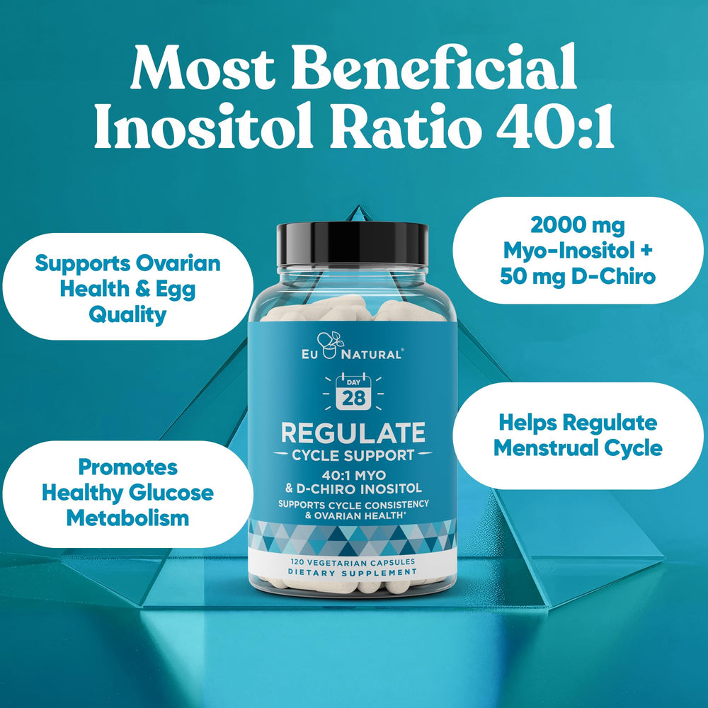 Daily dosage pour of Eu Natural Regulate showing capsules