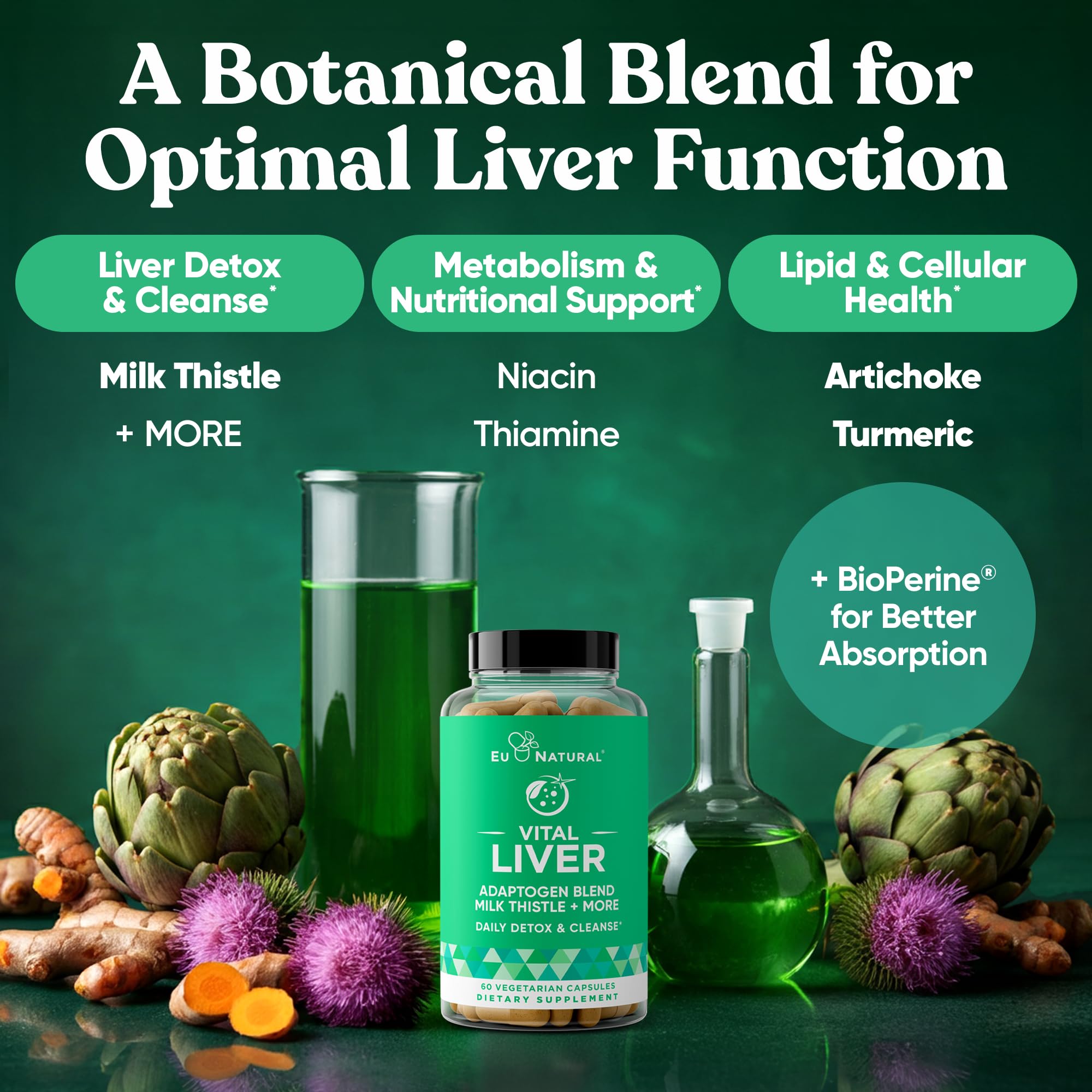 Close-up of Eu Natural Vital Liver Cleanse capsules, easy-to-swallow vegetarian soft capsules