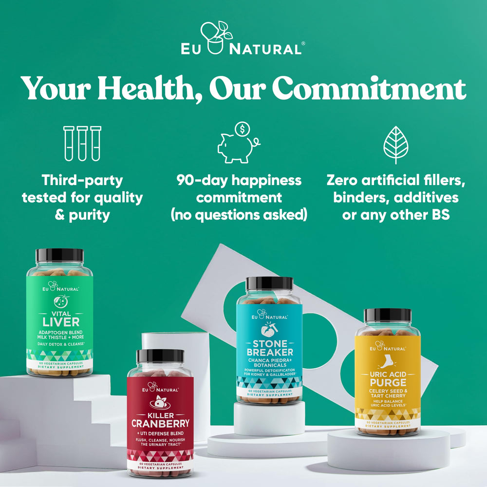 Eu Natural Vital Liver Cleanse on kitchen counter with glass of water