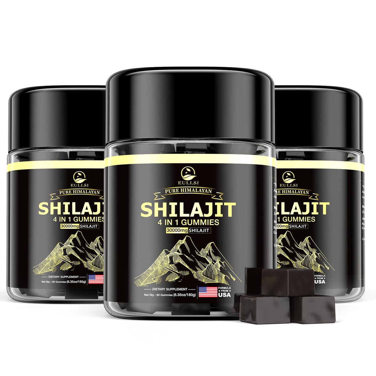 Eullsi Shilajit Gummies bottle close-up for convenient daily energy support.