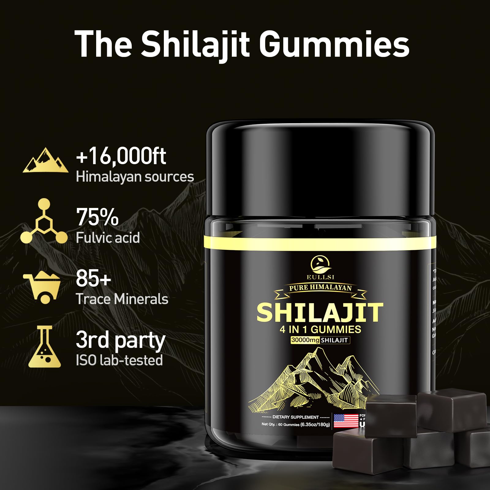 Eullsi Shilajit Gummies with lab-testing badge indicating purity