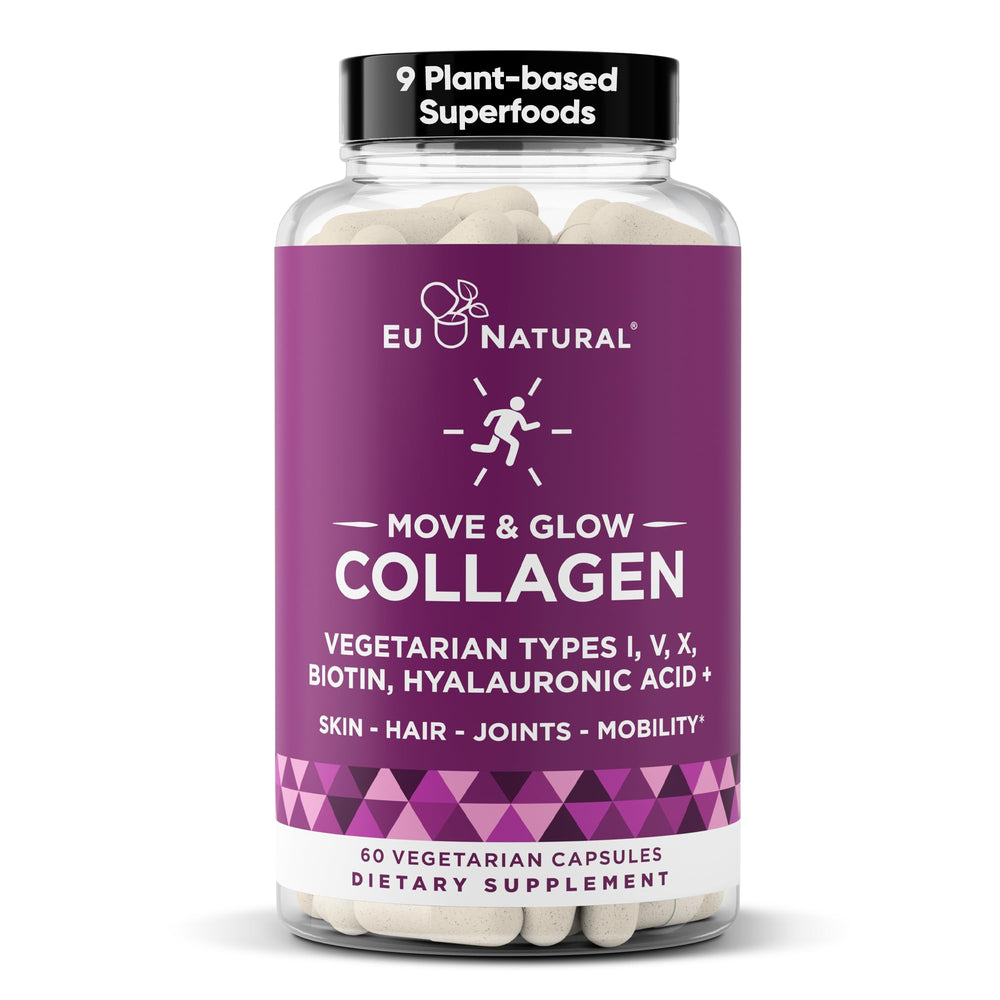 Eu Natural Move and Glow bottle front showing vegetarian capsules for skin and joints.