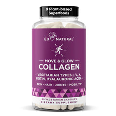 Eu Natural Move and Glow bottle front showing vegetarian capsules for skin and joints.