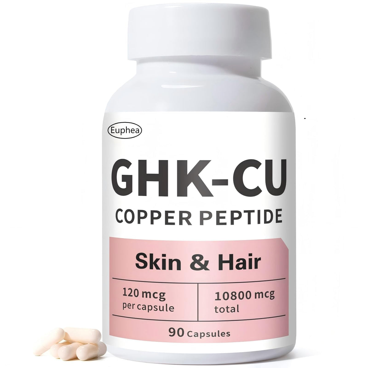 Euphea GHK-Cu peptide bottle highlighting premium copper peptide for skin and hair care.