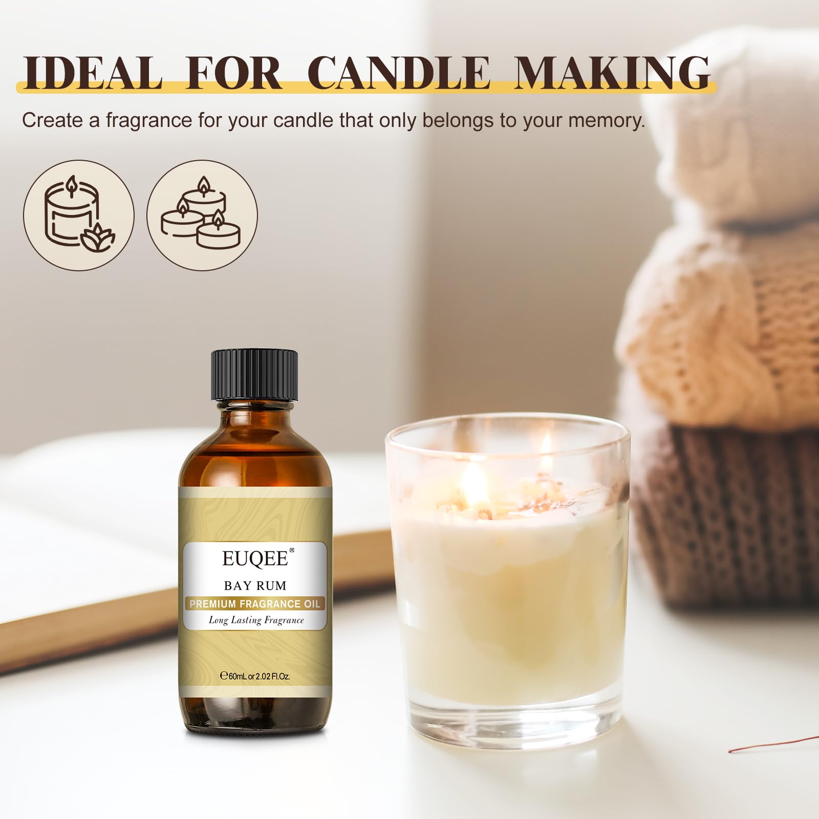 EUQEE Bay Rum fragrance oil candle-making scene creates inviting ambiance.