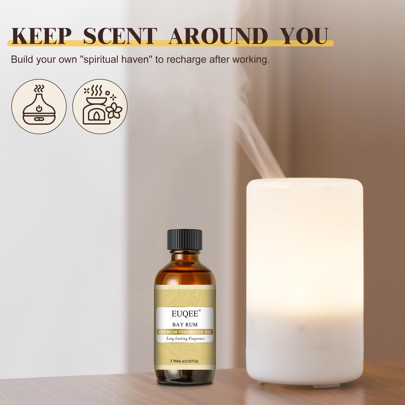 EUQEE Bay Rum fragrance oil diffuser-use shows easy aroma diffusion.