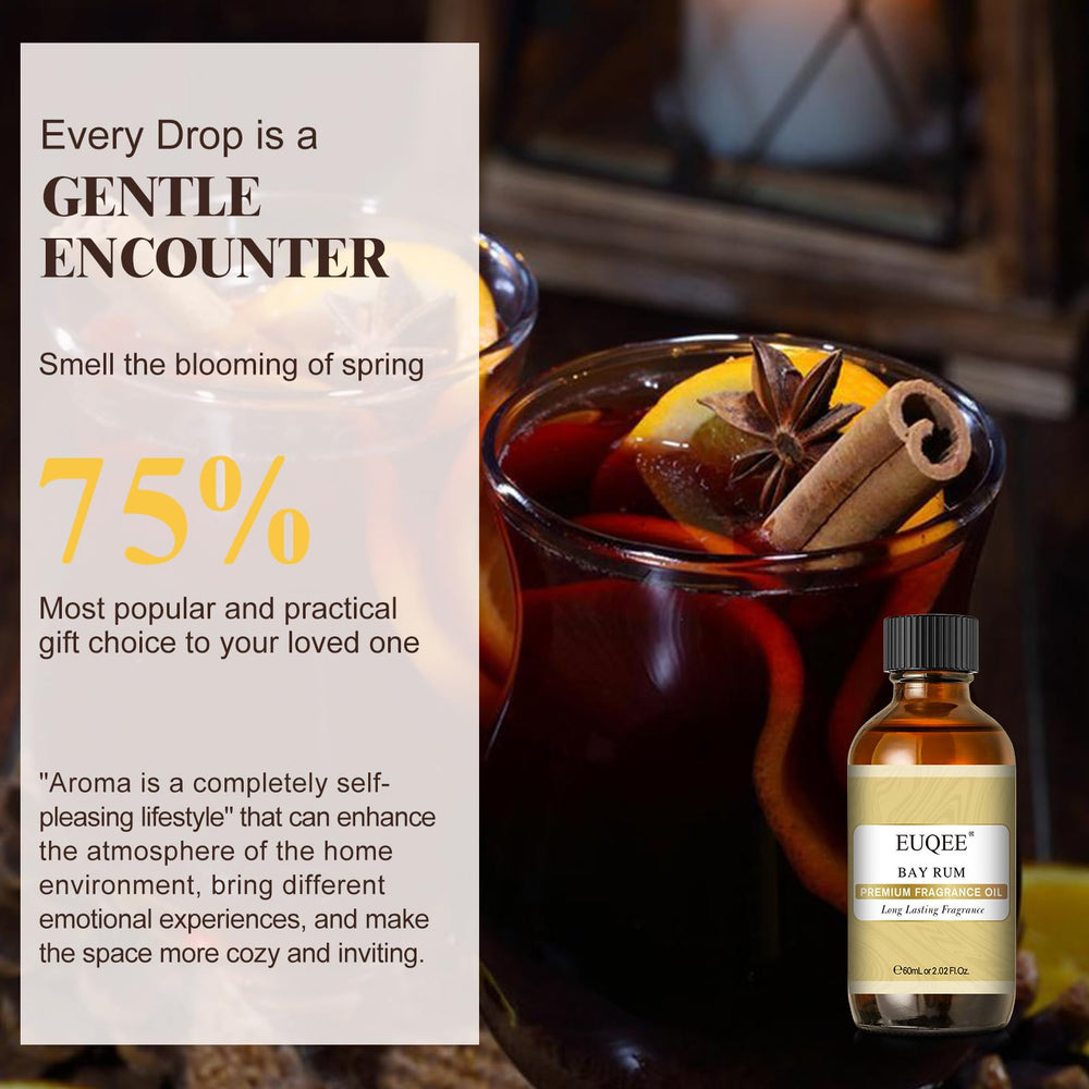 EUQEE Bay Rum fragrance oil closeup label highlights premium quality.