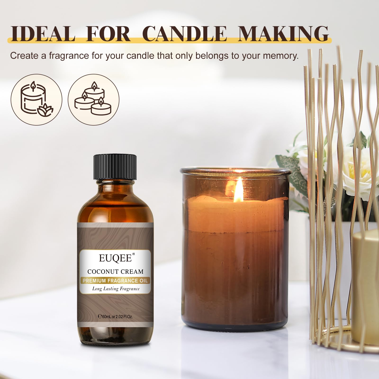 EUQEE candle-making setup uses fragrance oil for creamy coconut scent