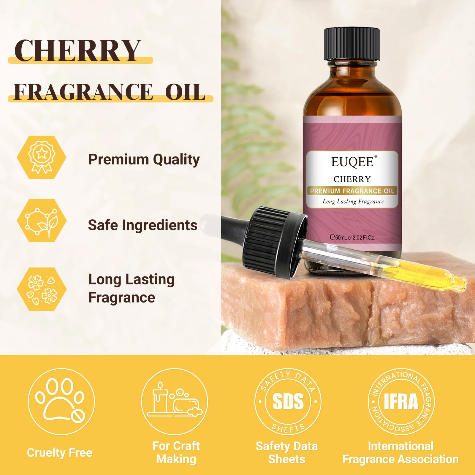 EUQEE Cherry Fragrance Oil dropper enables exact dosage for diffusers and crafts.