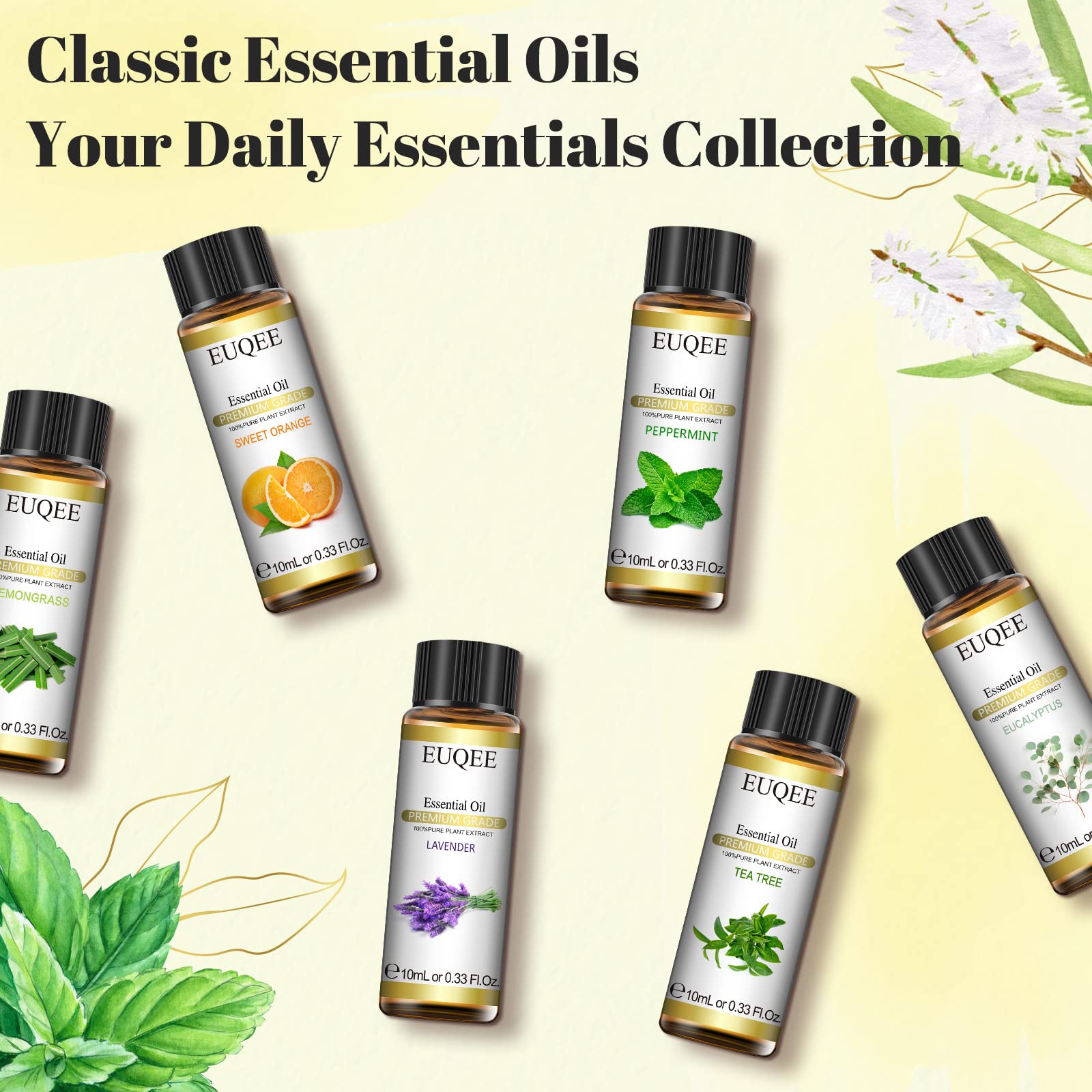 EUQEE essential oils in a diffuser scene for calming ambiance