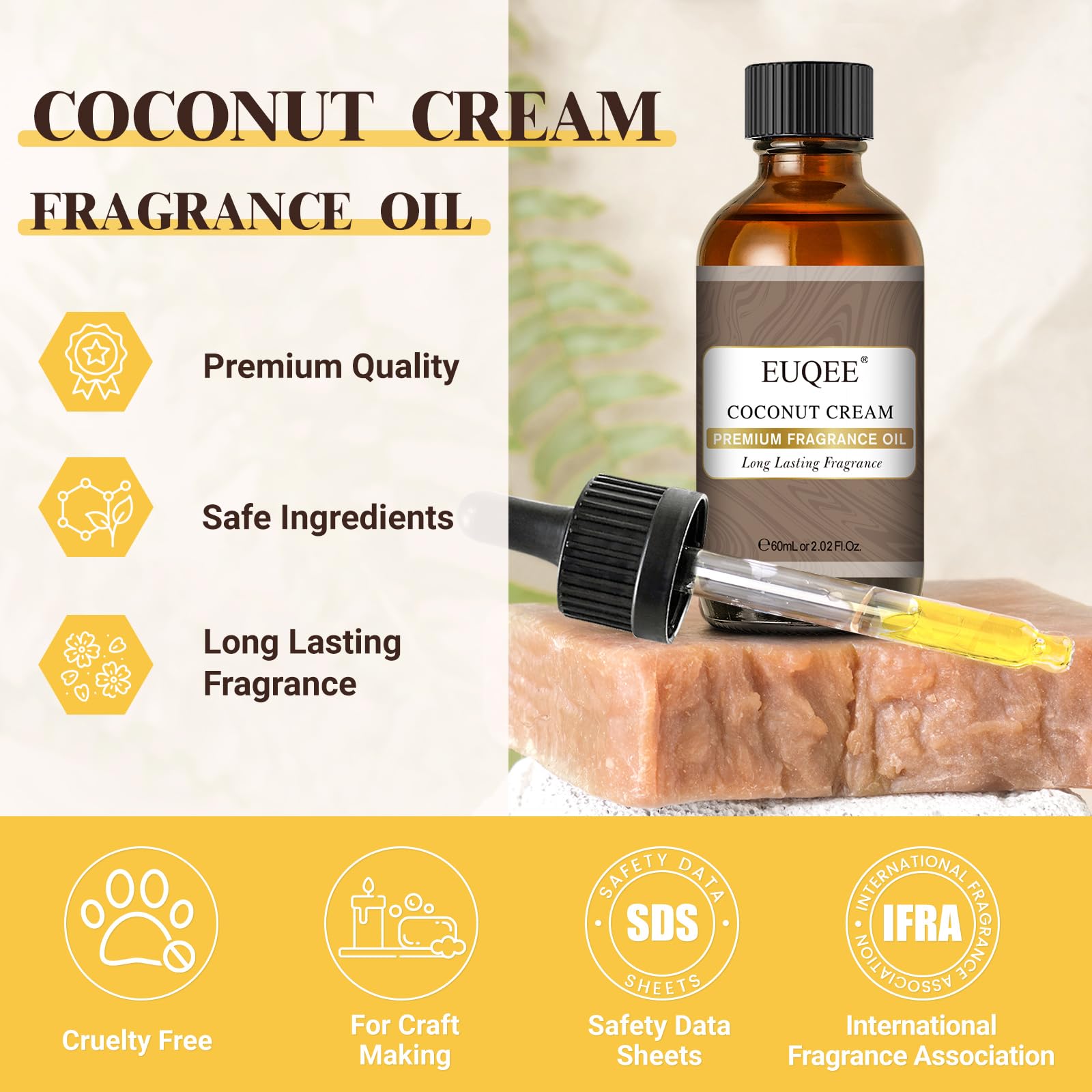 EUQEE Coconut Cream oil dropper in amber bottle preserves aroma for diffusers