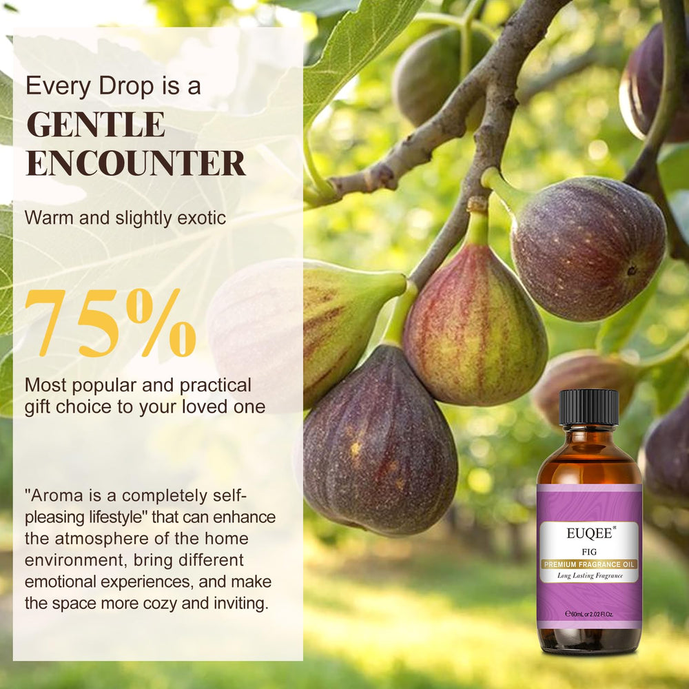 EUQEE Fig Fragrance Oil packaging highlights premium branding and usage ideas.