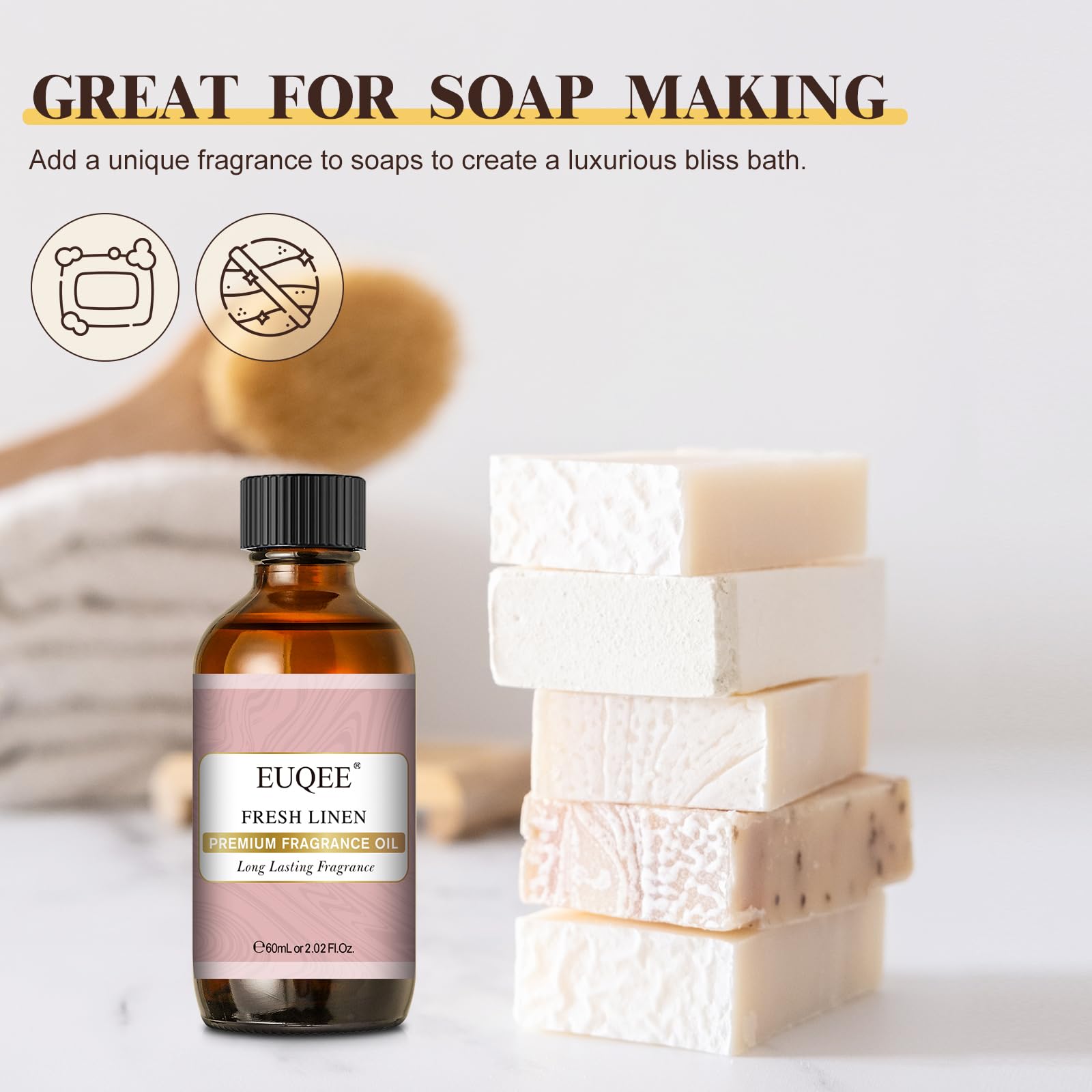 EUQEE Fresh Linen fragrance oil for bath bombs and DIY scrubs.