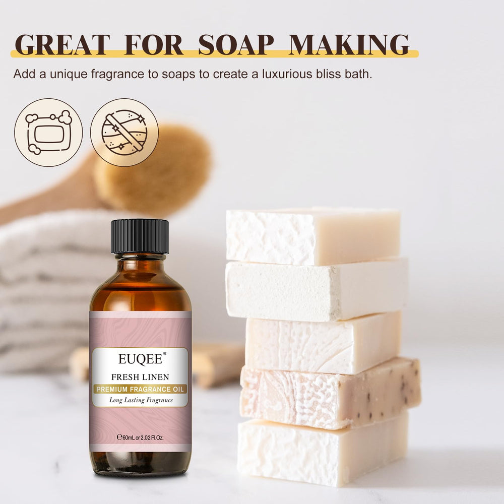 EUQEE Fresh Linen fragrance oil for bath bombs and DIY scrubs.