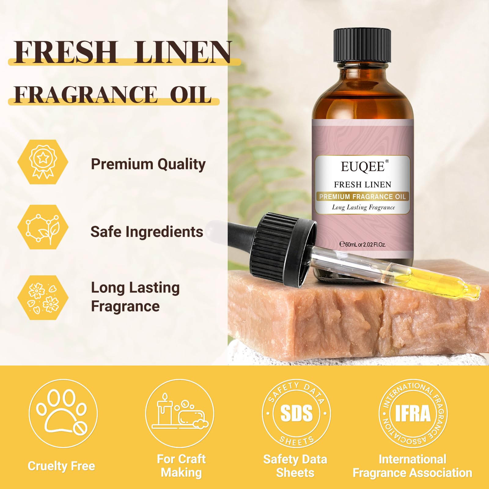 EUQEE Fresh Linen fragrance oil diffuser compatible for subtle, soothing home ambience.