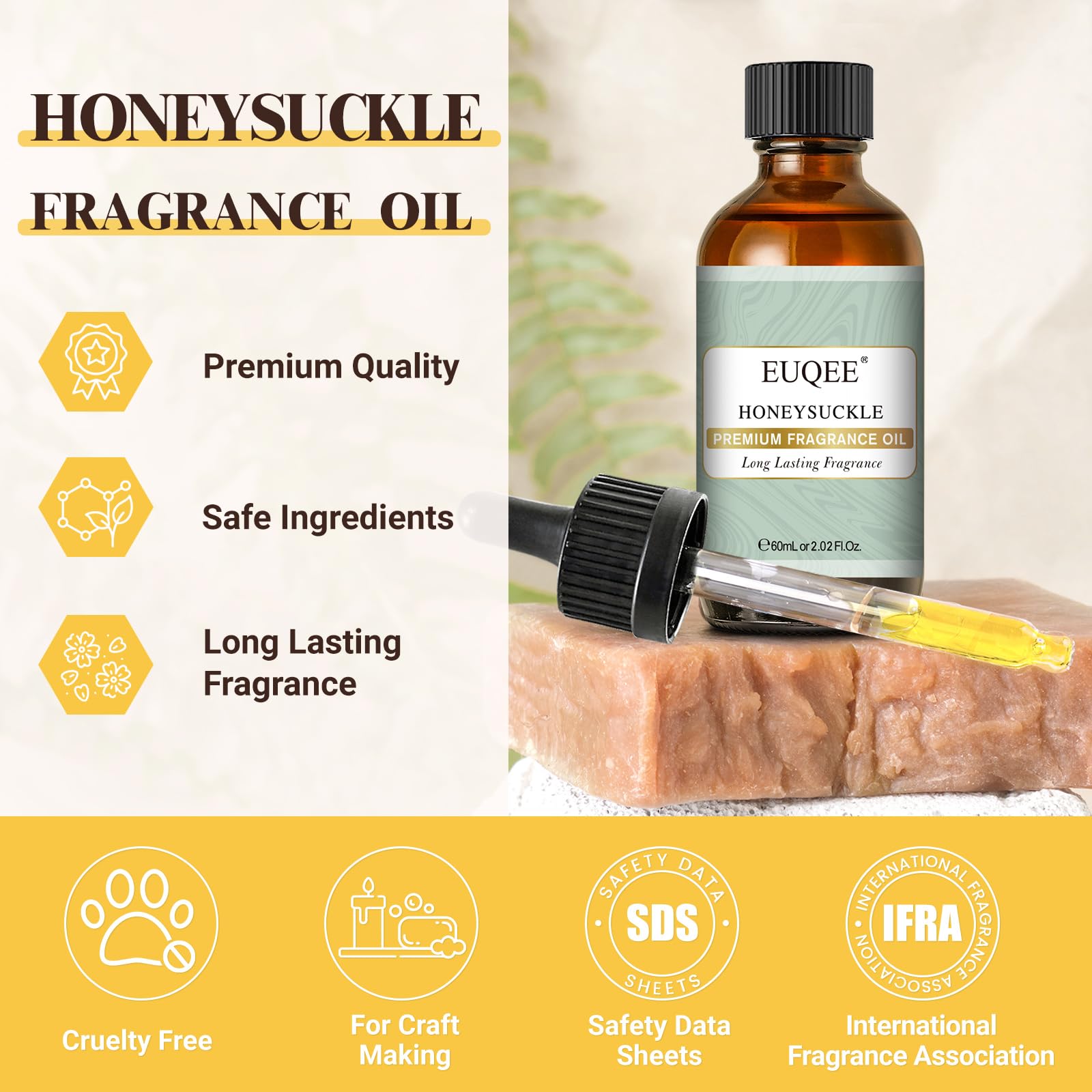 EUQEE Honeysuckle glass dropper enables precise fragrance dosing.