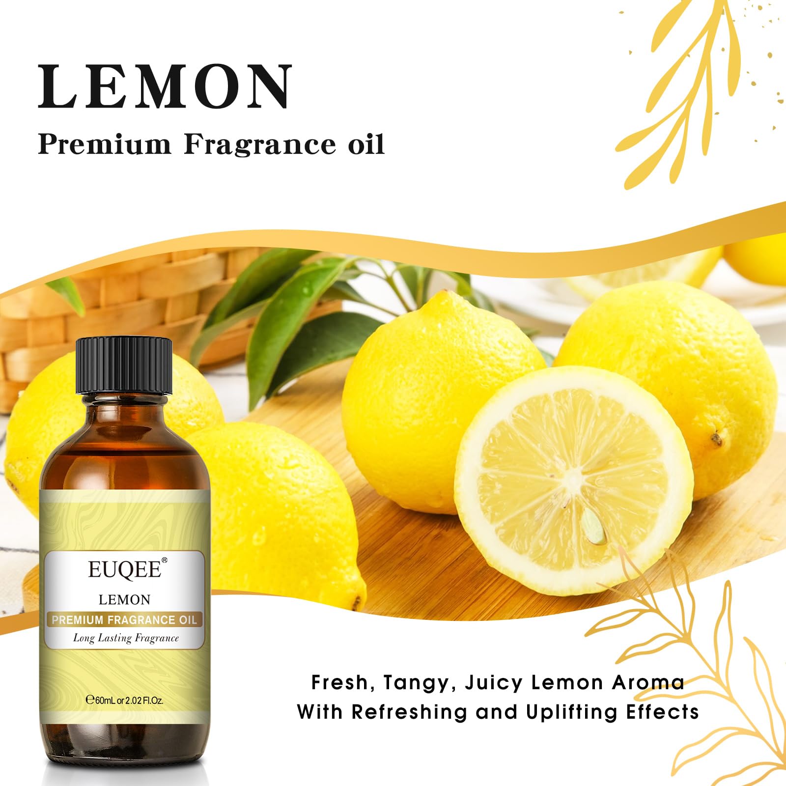 Close-up of EUQEE lemon oil dropper releasing citrus aroma.