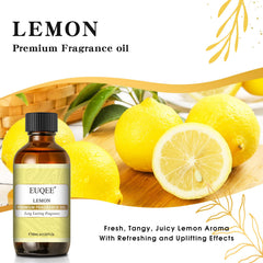 Close-up of EUQEE lemon oil dropper releasing citrus aroma.