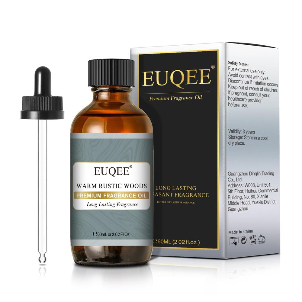 EUQEE Warm Rustic Woods fragrance oil bottle with glass dropper for precise use.
