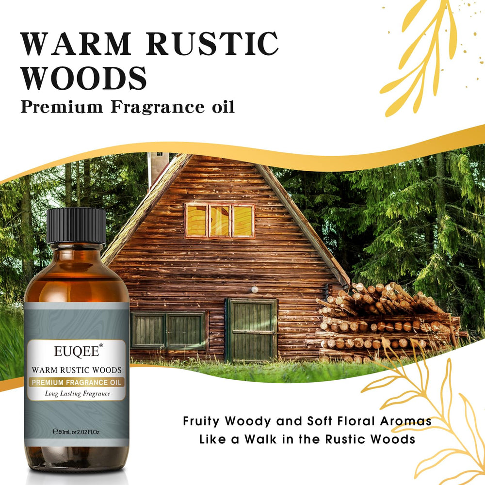 EUQEE Warm Rustic Woods glass bottle and dropper ideal for diffusers.