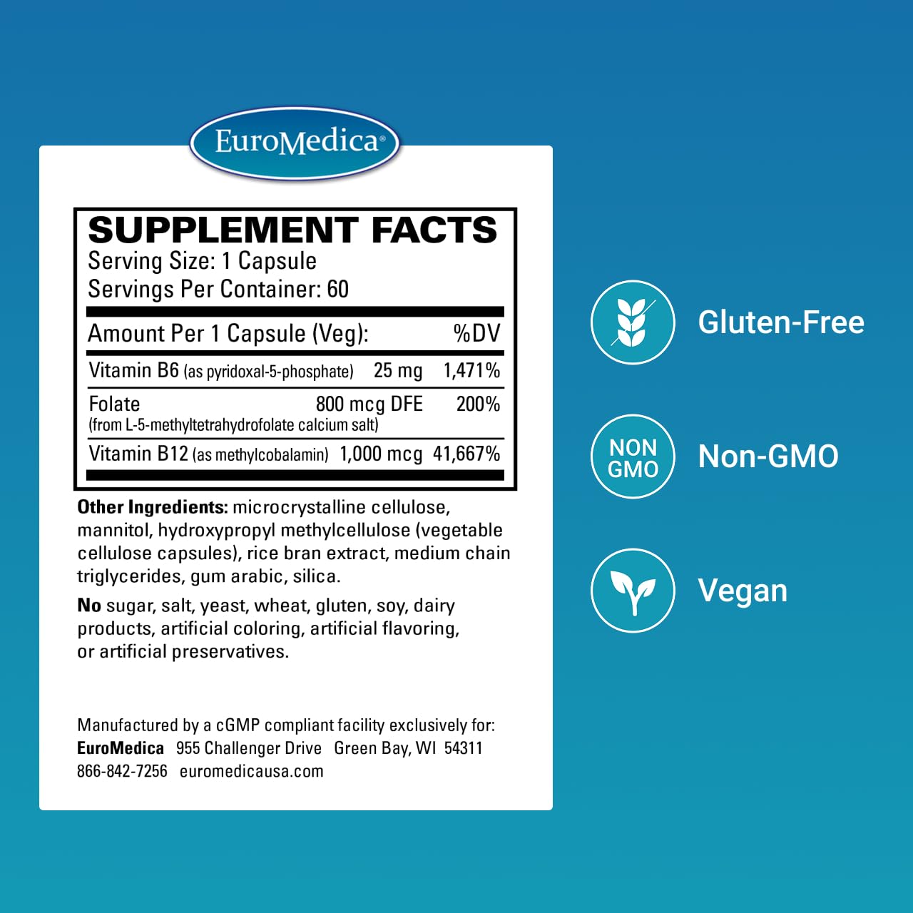 EuroMedica Active B Complex bottle label close-up highlighting bioactive B vitamins for brain health.