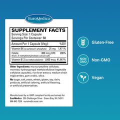 EuroMedica Active B Complex bottle label close-up highlighting bioactive B vitamins for brain health.