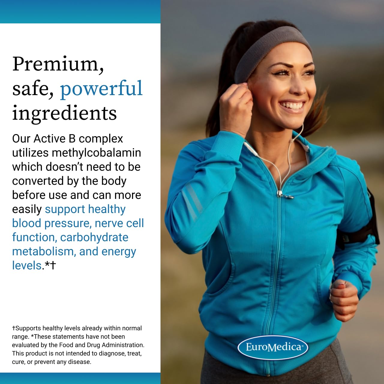 EuroMedica Active B Complex ingredient panel close-up highlights methylcobalamin and key nutrients.