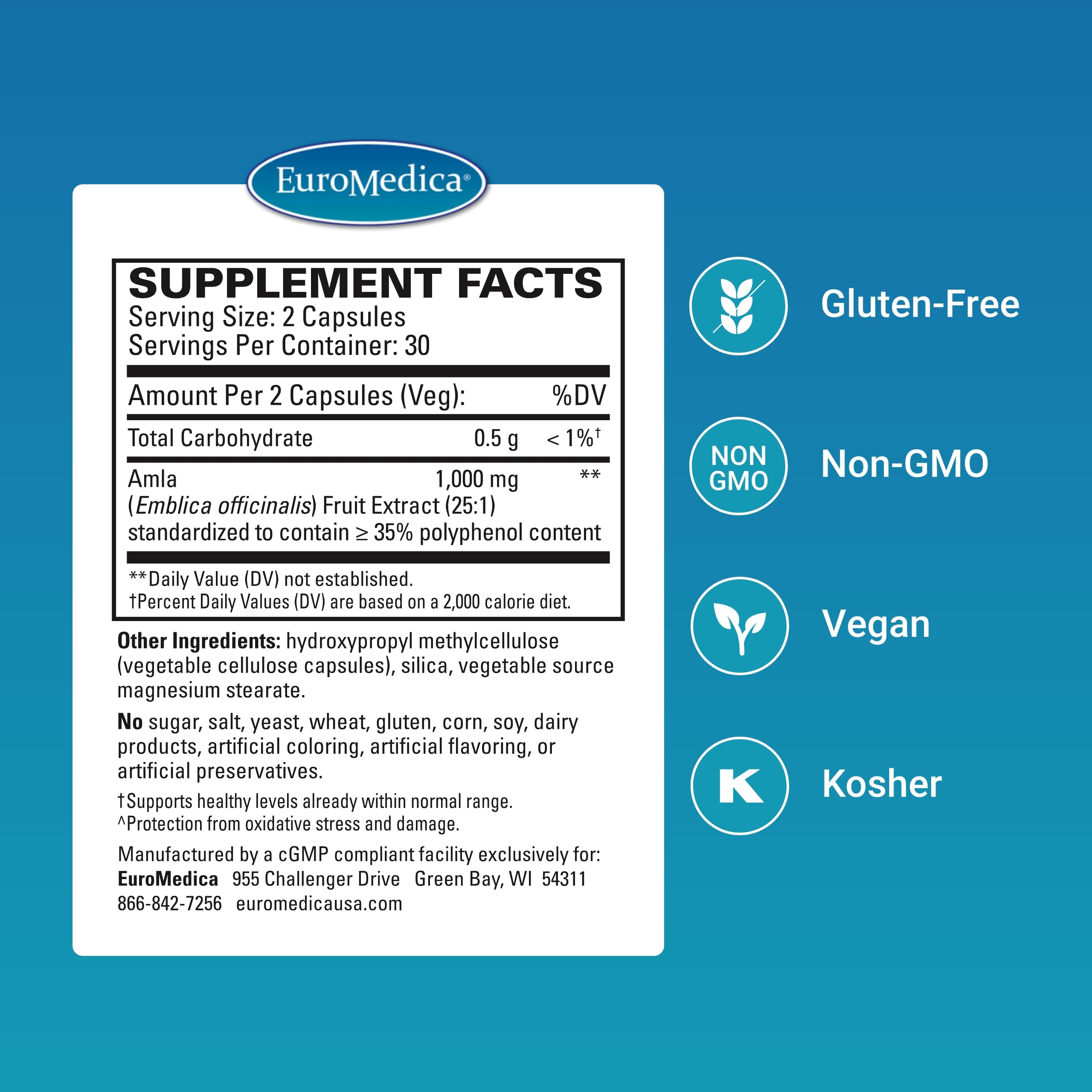 EuroMedica amla antioxidant caplets promote immune support.