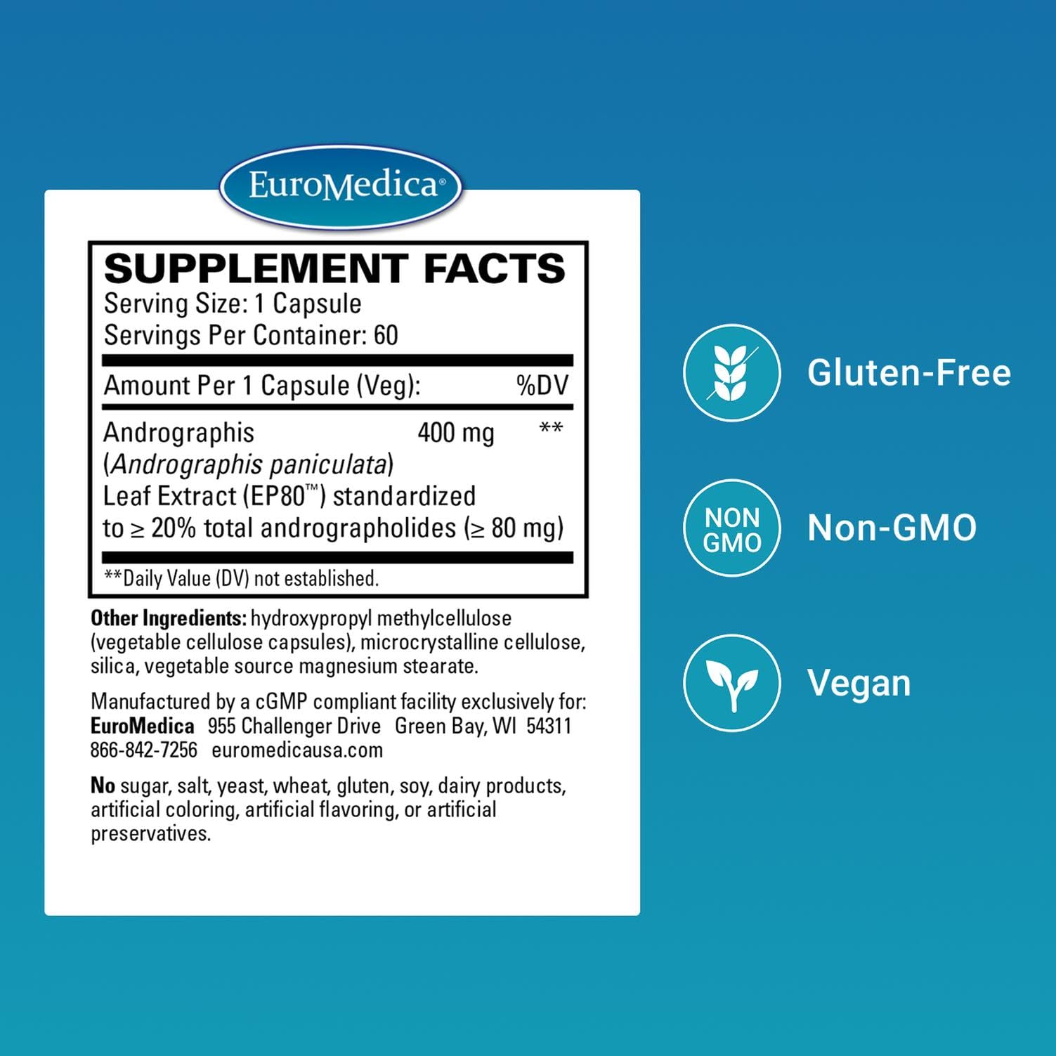 Close-up of EuroMedica Andrographis EP80 capsules highlighting vegan formula.