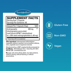 Close-up of EuroMedica Andrographis EP80 capsules highlighting vegan formula.