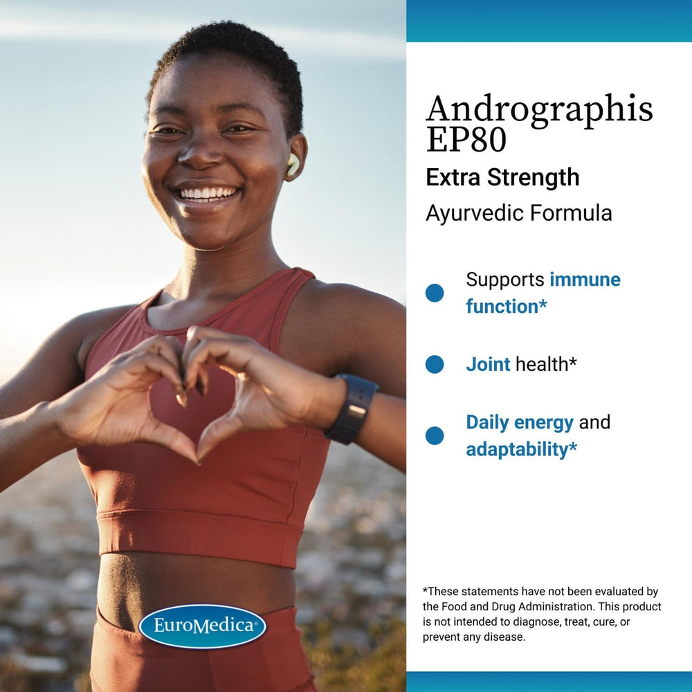 Label detail of EuroMedica Andrographis EP80 emphasizing allergen-free promise.