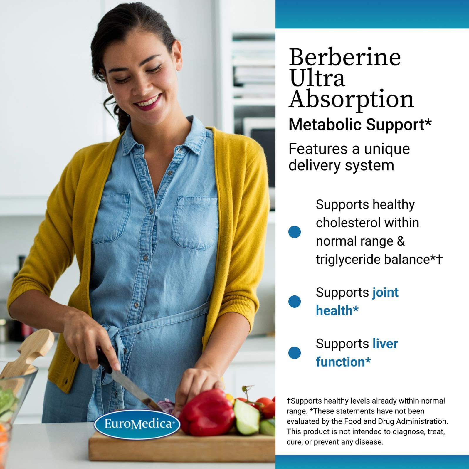 EuroMedica berberine capsules closeup emphasizes high-absorption capsules for cellular function.