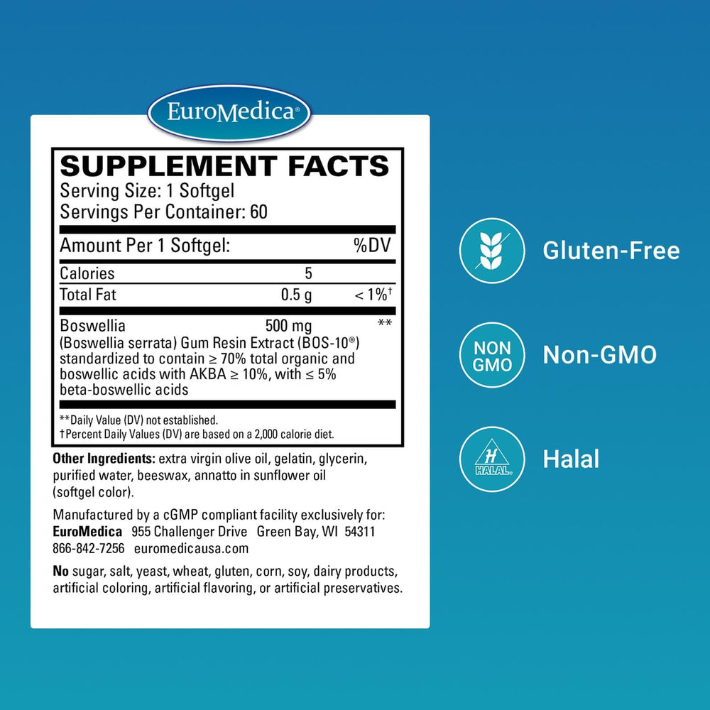 Close-up of EuroMedica BosPro softgels highlighting 500 mg extract.