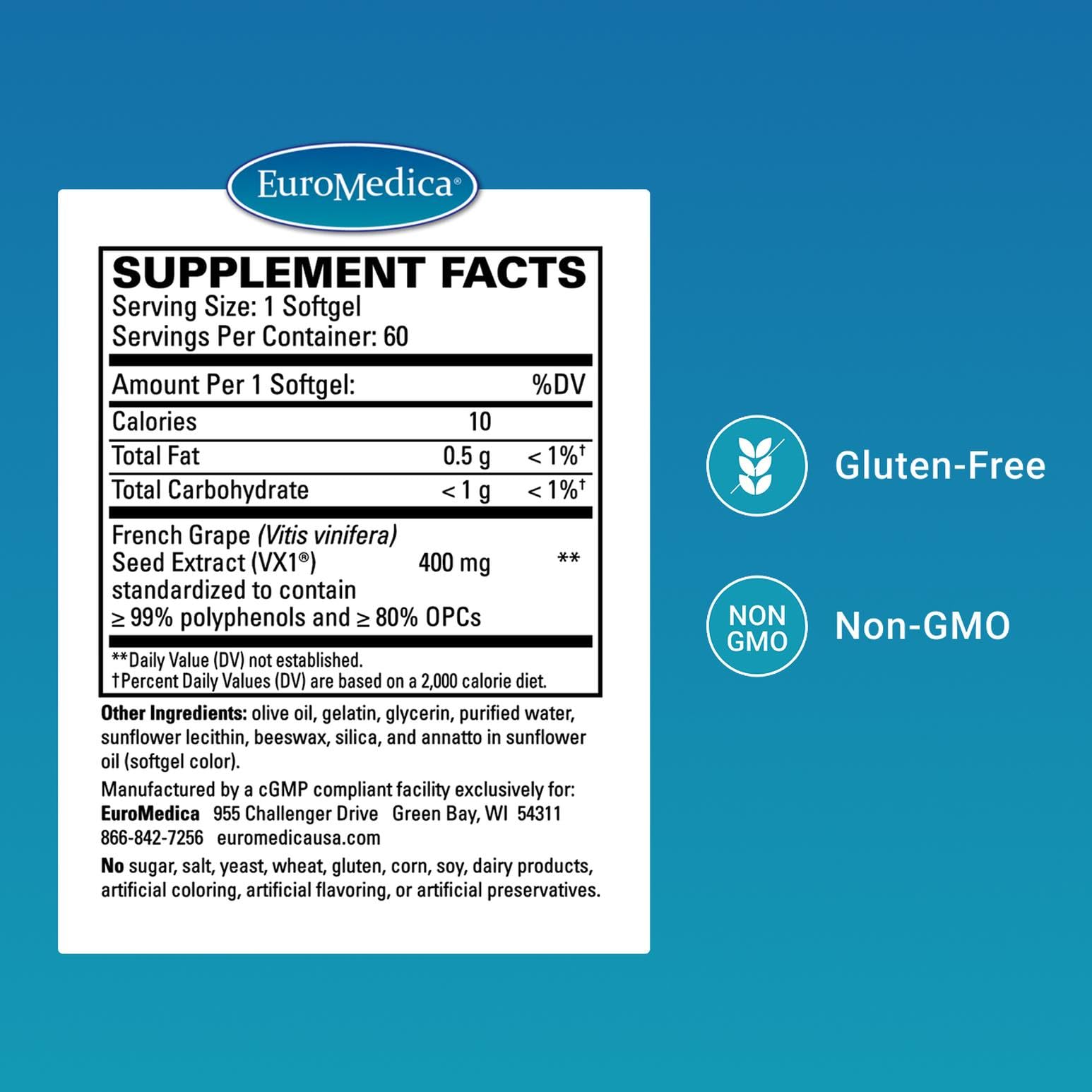 EuroMedica Clinical OPC label close-up emphasizing OPC content for daily focus and cardiovascular wellness.