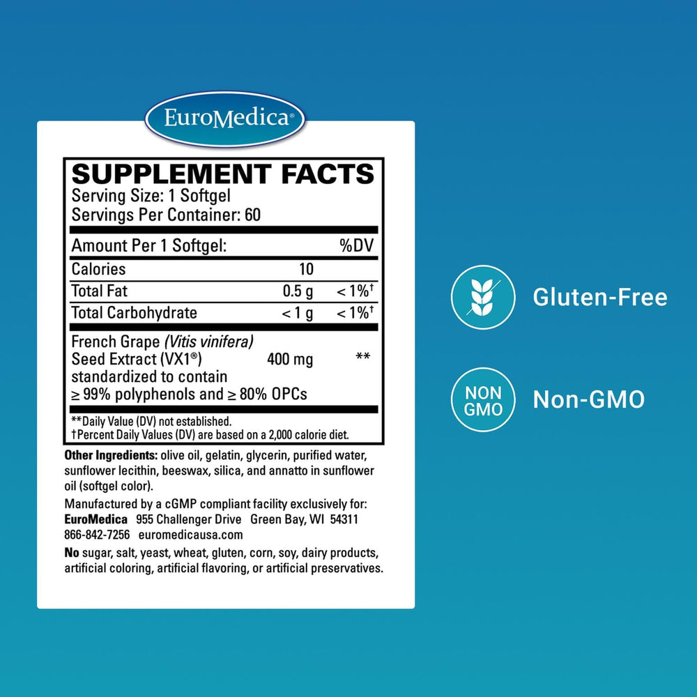 EuroMedica Clinical OPC label close-up emphasizing OPC content for daily focus and cardiovascular wellness.
