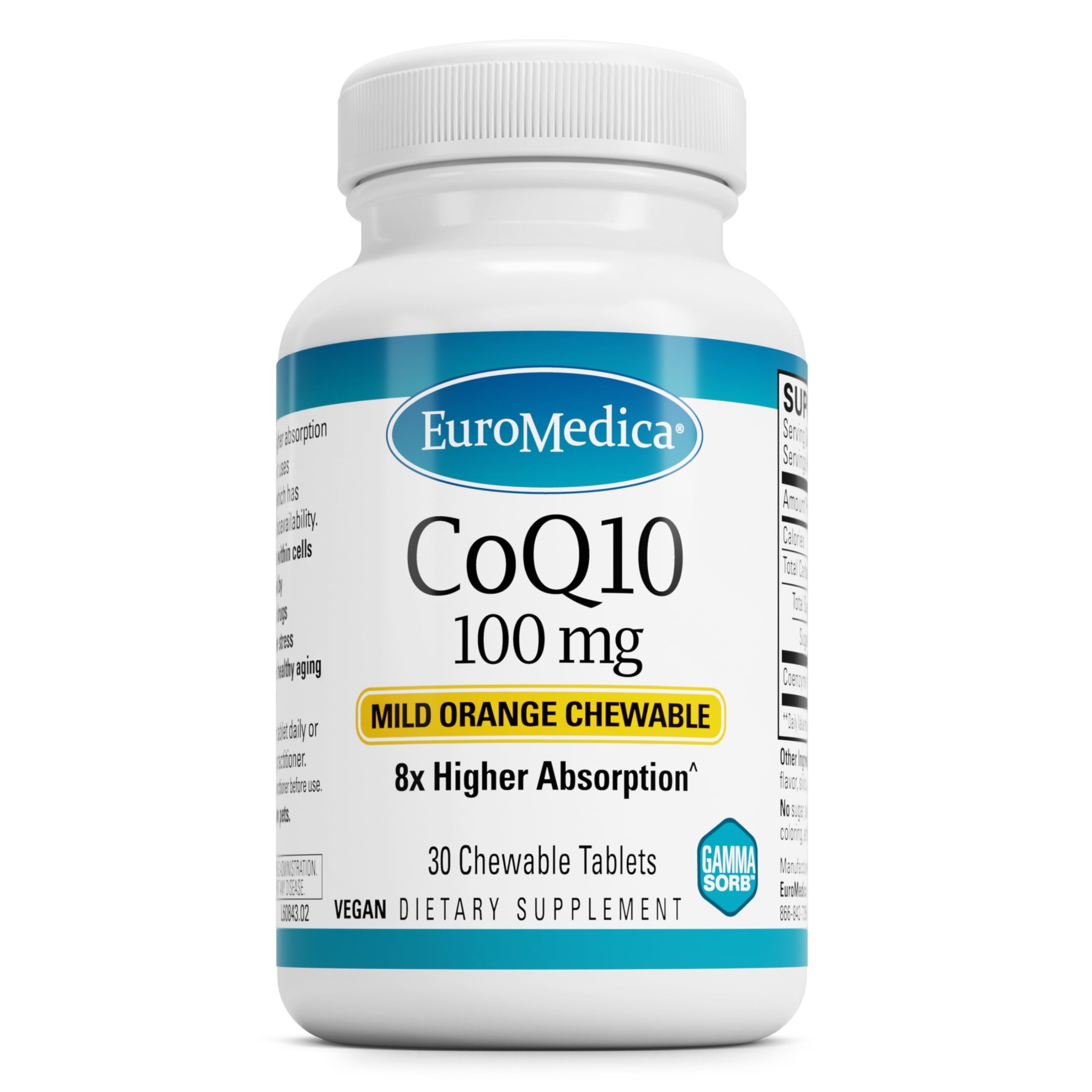 EuroMedica CoQ10 100 mg tablet closeup highlighting energy support and healthy aging.