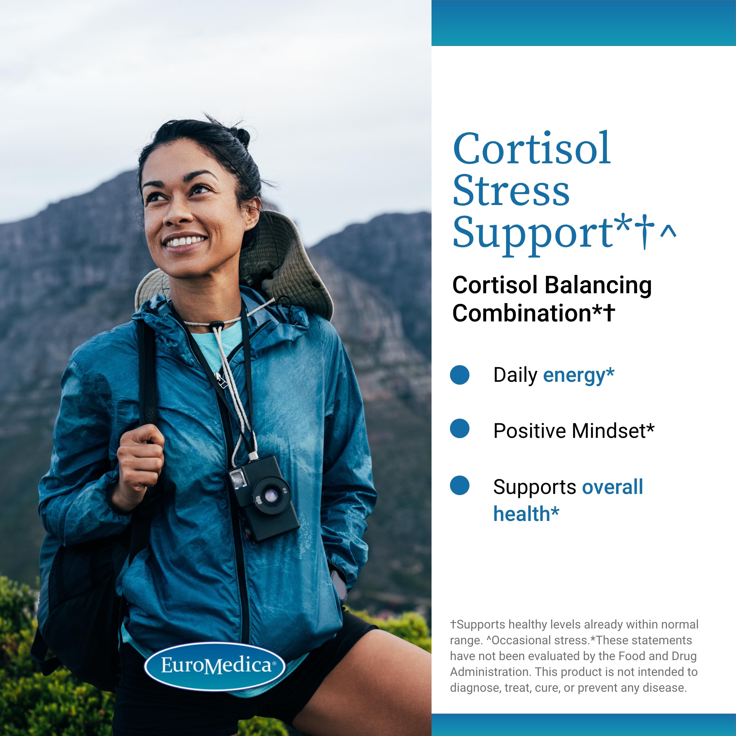 EuroMedica Cortisol Stress Support label highlighting DHEA and vitamin blend for energy