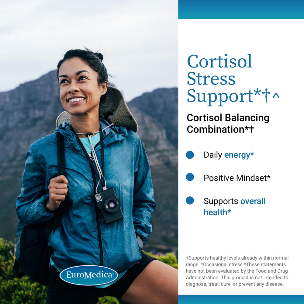 EuroMedica Cortisol Stress Support label highlighting DHEA and vitamin blend for energy