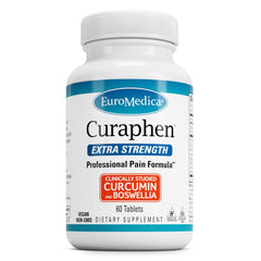EuroMedica Curaphen bottle label highlights allergen-friendly formula for daily joint and muscle support.