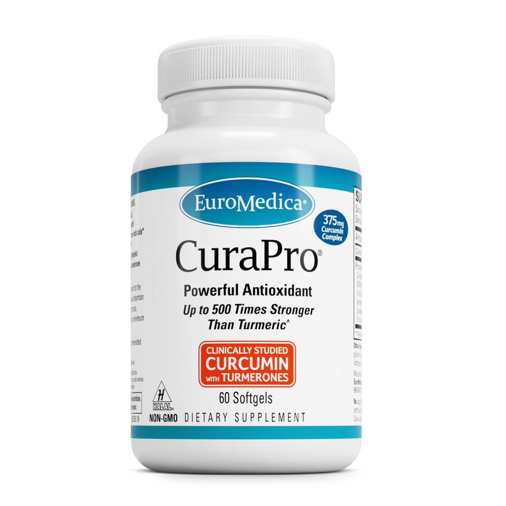 EuroMedica CuraPro bottle pouring, turmeric-curcumin blend for antioxidant support