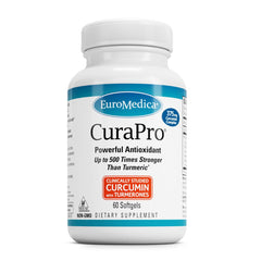 EuroMedica CuraPro bottle pouring, turmeric-curcumin blend for antioxidant support