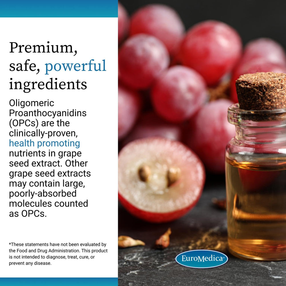 EuroMedica grape seed extract vial highlights antioxidant-style support in capsules.