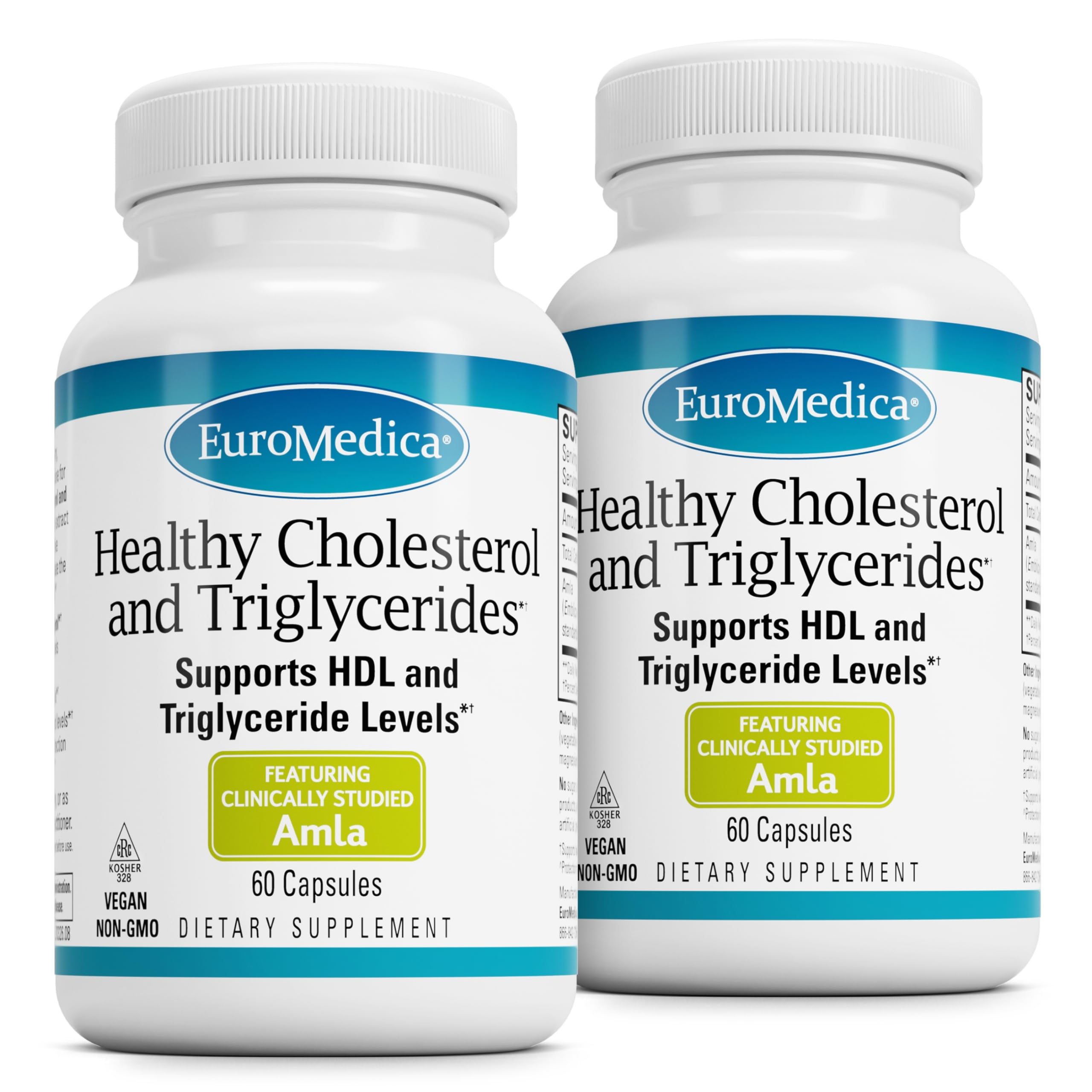 EuroMedica Healthy Cholesterol and Triglycerides bottle with label highlighting heart support.